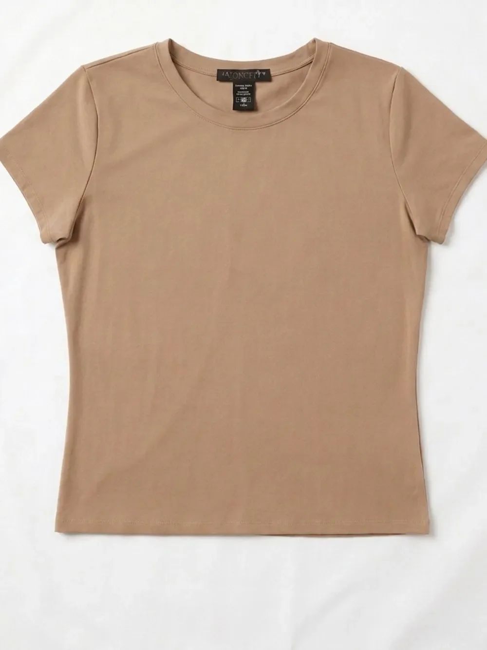 Apostrophe Stretch Neutral Beige Basic Short Sleeve Spandex Top Minimalist
